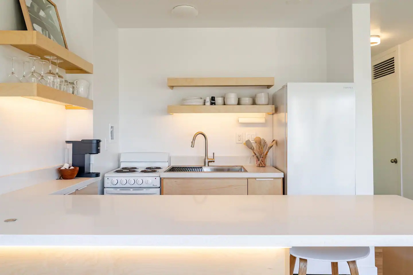 Custom birch ply wood kitchen with full sized fridge - 445 Kaiolu St