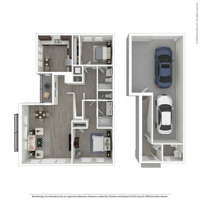Multi-level two bedroom, two-and-a-half bath townhome. Bedrooms on the top floor with bathrooms in each bedroom for privacy. Washer and dryer included on the second floor for easy access. Attached, two-car tandem garage included. - Trio Townhomes