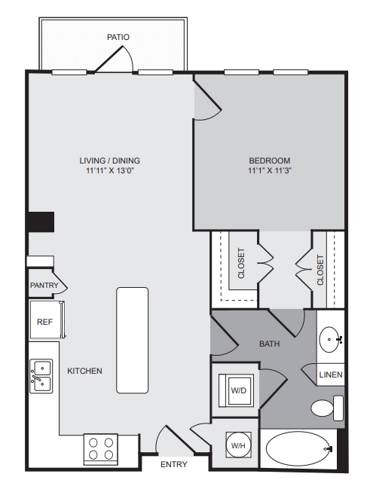 1 bedroom 1 bath apartment with kitchen island, patio, walk in closet and 782 sq ft - Cantabria at Turtle Creek closed