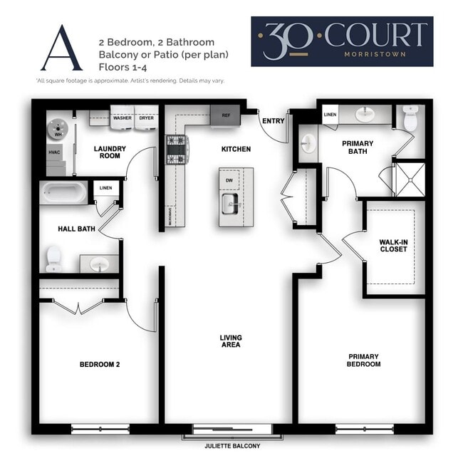 Explore the sophisticated design of this 2-bedroom, 2-bath layout, perfect for contemporary living. - 30 Court Street Apartments