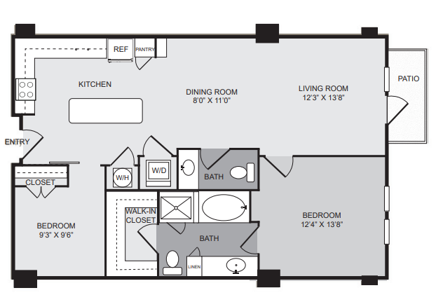 1 bedroom 1 bath apartment with kitchen island, dining area, patio, walk in closet and 1046 sq ft - Cantabria at Turtle Creek closed