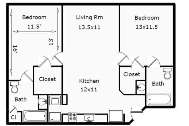 2 Bed 2 Bath Unit Layout - Clocktower Lofts