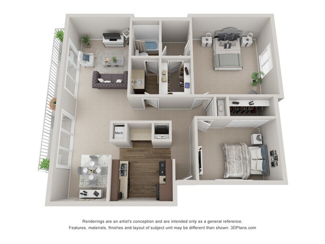 2 Bed 1 Bath Floor Plan - Mirela North