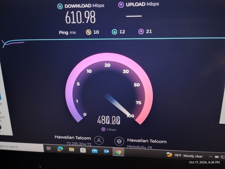 Hawaiian Telcom FiOptics High Speed Wifi, test speed. - 281 Kaikea St