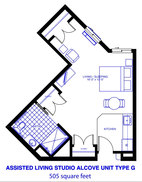 Assisted Living Studio Alcove Unit Type G - Patriots Landing Independent/Assisted Living