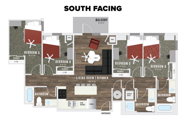 The floor plan above shows the layout of units on the south side of the building (closer to campus) Please click the arrow to see the floorplan that represents the layout on the north side of the building (Closer to A-Mountain). - Atmosphere