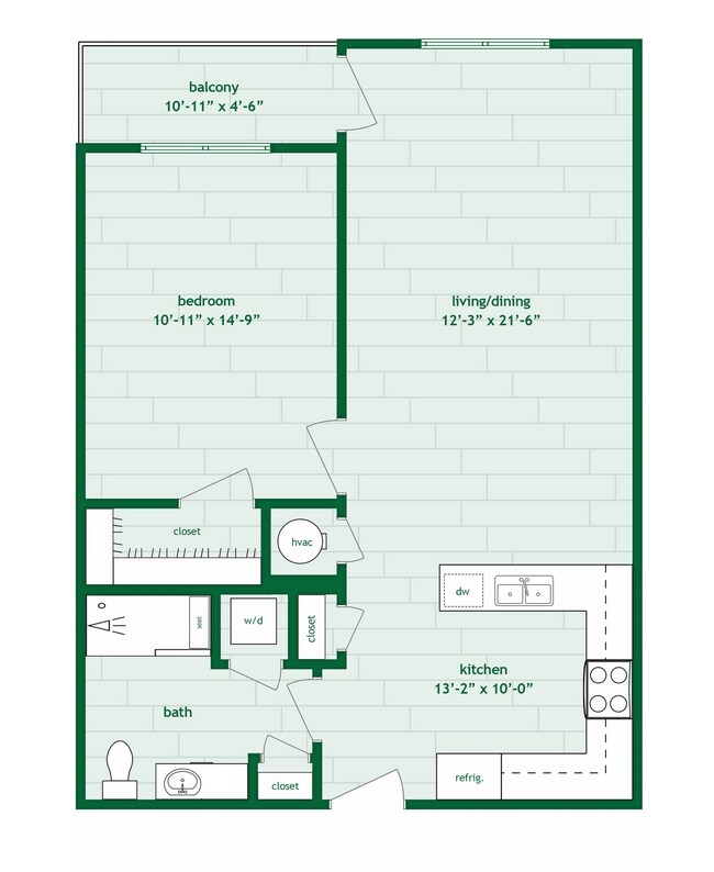 1 Bed 1 Bath B - 735 Sq. Ft. - The Piedmont Raleigh