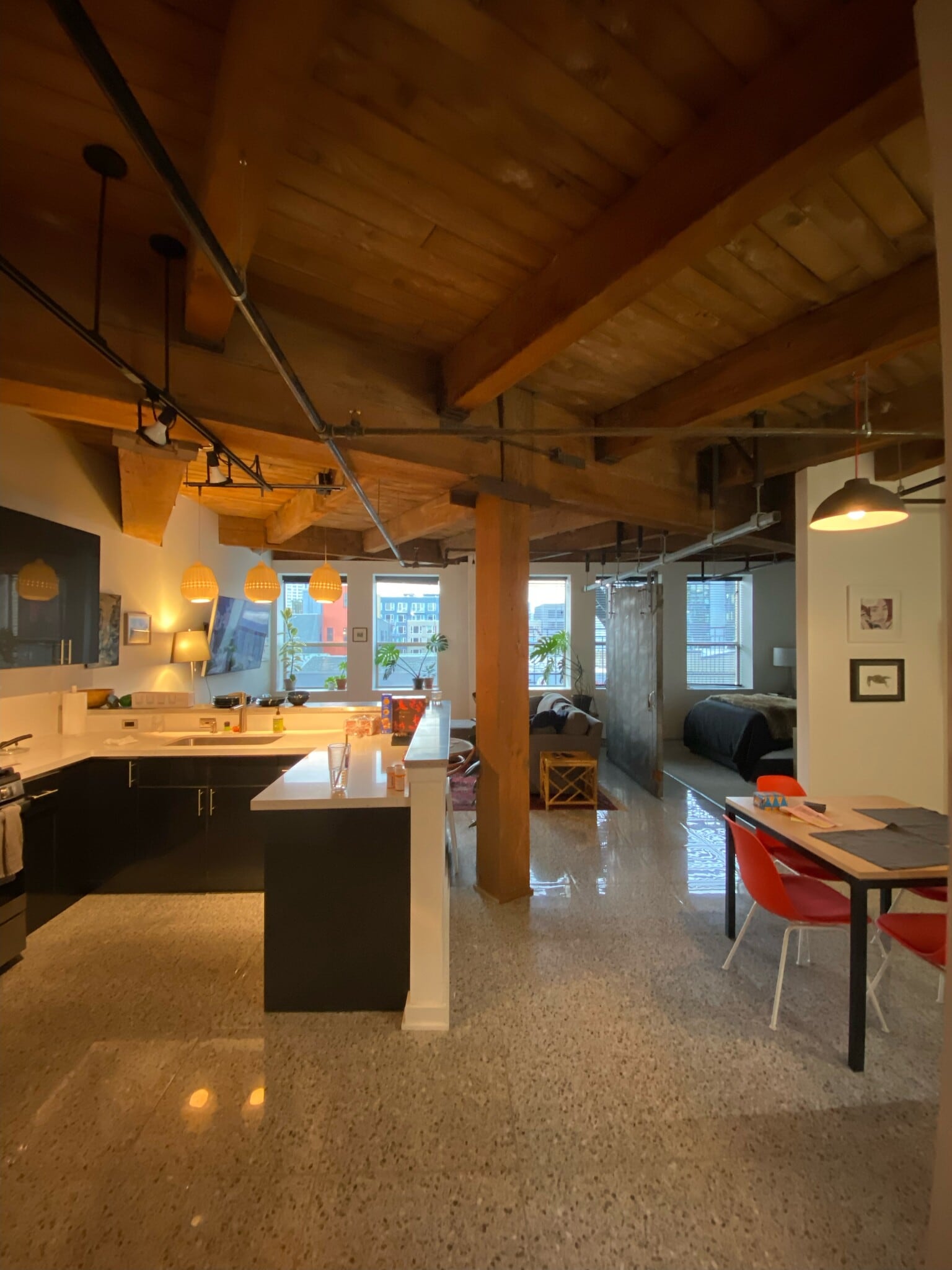 Kitchen area to left, dining area to right with patio - 1408 12th Ave