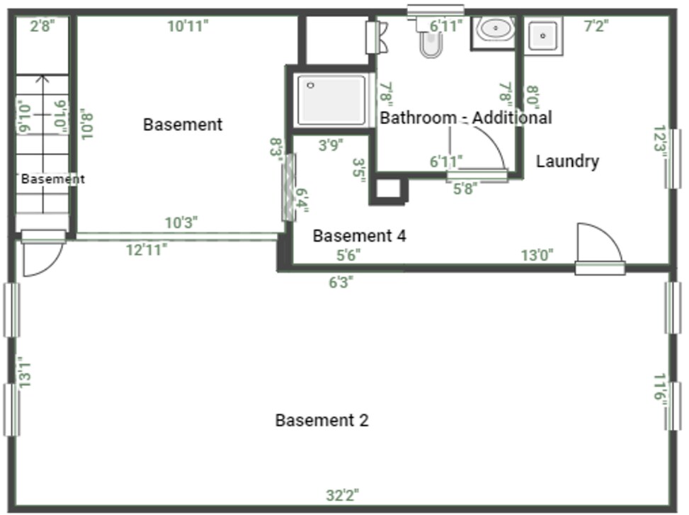 Basement level floor plan with rec room, laundry room, full bathroom and storage spaces. - 9244 Northern Ave