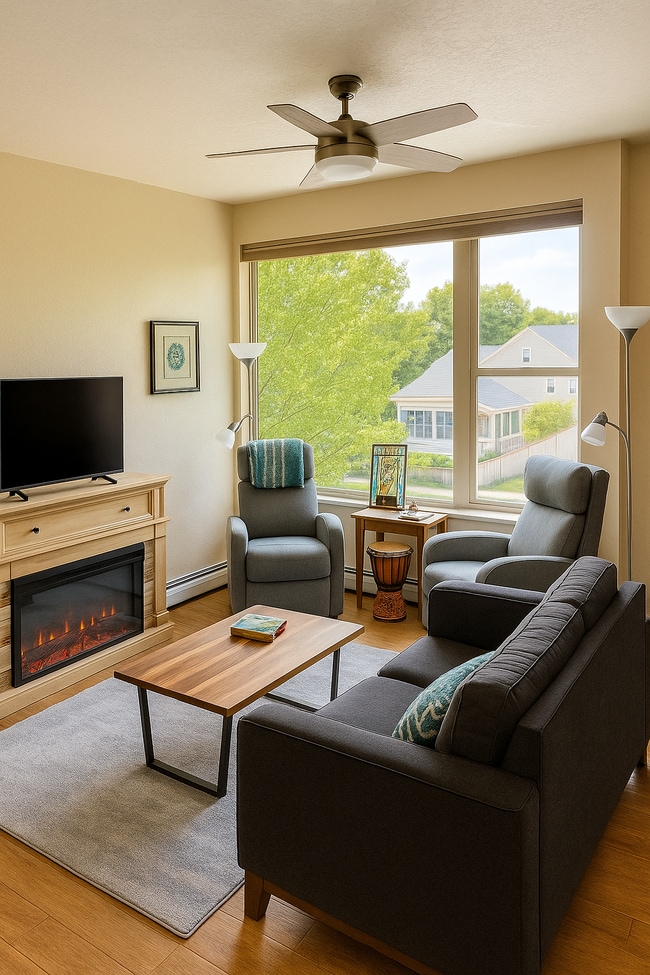 Living area with fireplace, large windows and great views!