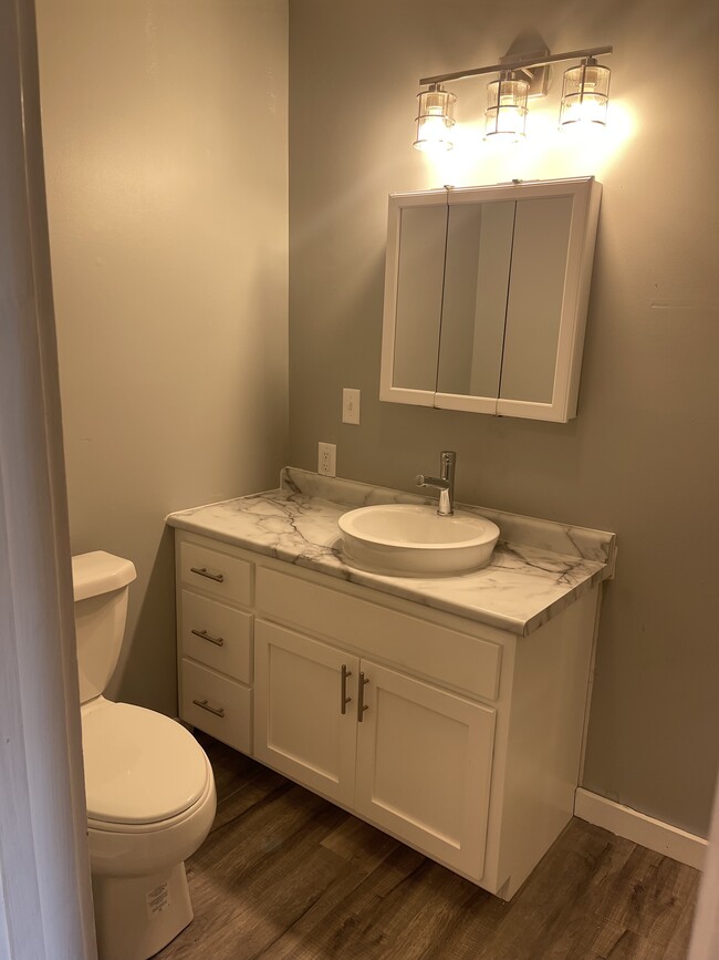 bathroom, new toilet, vanity, counter, sink, faucet, light fixture - 319 N Pierce St