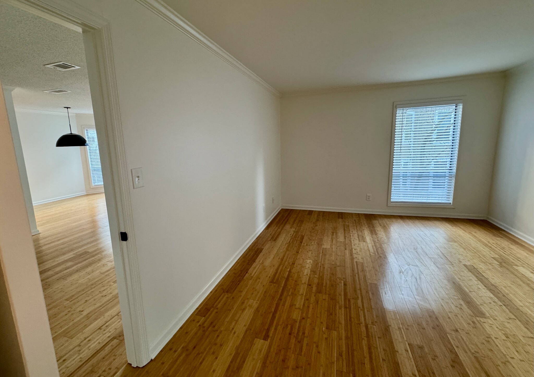 large bedroom with view into living and dining room through the doorway at left - 209 14th St. NE #119