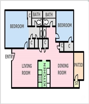 2 Bedroom 1 Bath Floor Plan - Jasmine Park