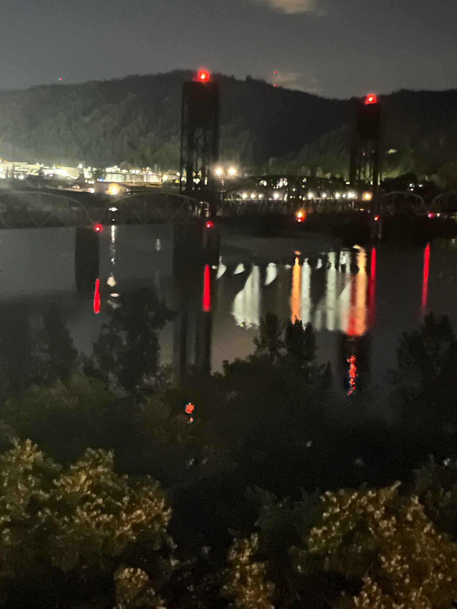 View from deck, living room and master bedroom of night bridge light reflexions on the Willamette - 7511 N Edgewater Ave