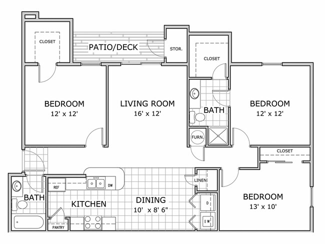 Three-Bedroom-Phase-One-Floor-Plan-Battlefield-Park-Apartments - Battlefield Park Apartments