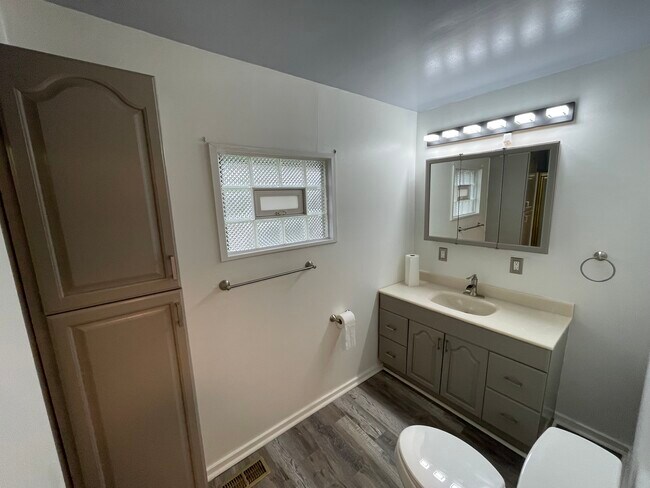 The bathroom has bountiful cabinet space and dual outlets on an oversized vanity - 212 Lorenz Ave