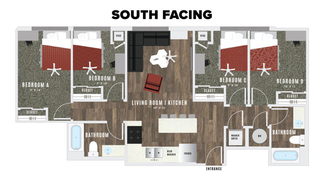 The floor plan above shows the layout of units on the south side of the building (closer to campus) Please click the arrow to see the floorplan that represents the layout on the north side of the building (Closer to A-Mountain). - Atmosphere