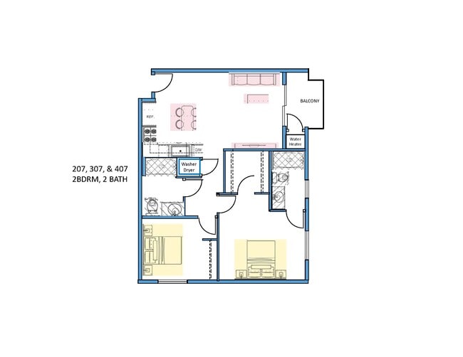 207, 307, 407 2 Bd/2 Ba Room Layout - 928 S Berendo St