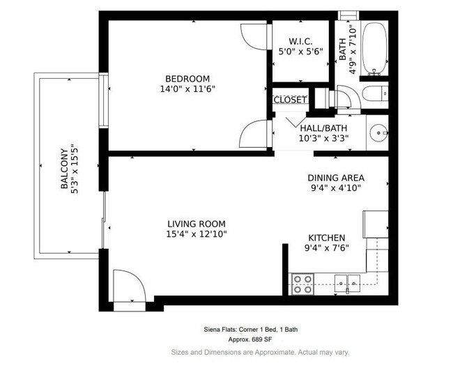 1 Bed/ 1 Bath- 689 sq ft.- Floor Plan C- Square footage and exact layout may vary. - Siena Flats