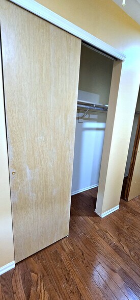 Deep Bedroom Closet | Full-depth closet with hanging rod and shelf behind smooth-glide sliding doors - 43 Tynemouth Ct