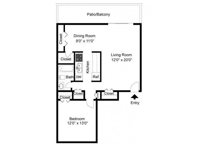 One bedroom floor plan - Black Hawk Apartments