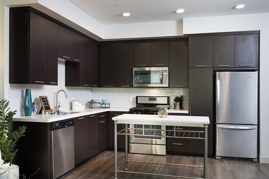 Modern kitchens include luxury vinyl plank flooring, stainless steel appliances, USB charging ports and premium quartz countertops with tile backsplash - Joule La Floresta