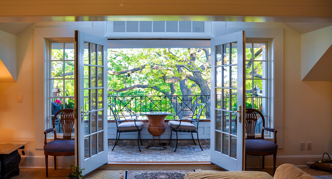 View from living room thru balcony to towering oaks - 370 Summit Ave