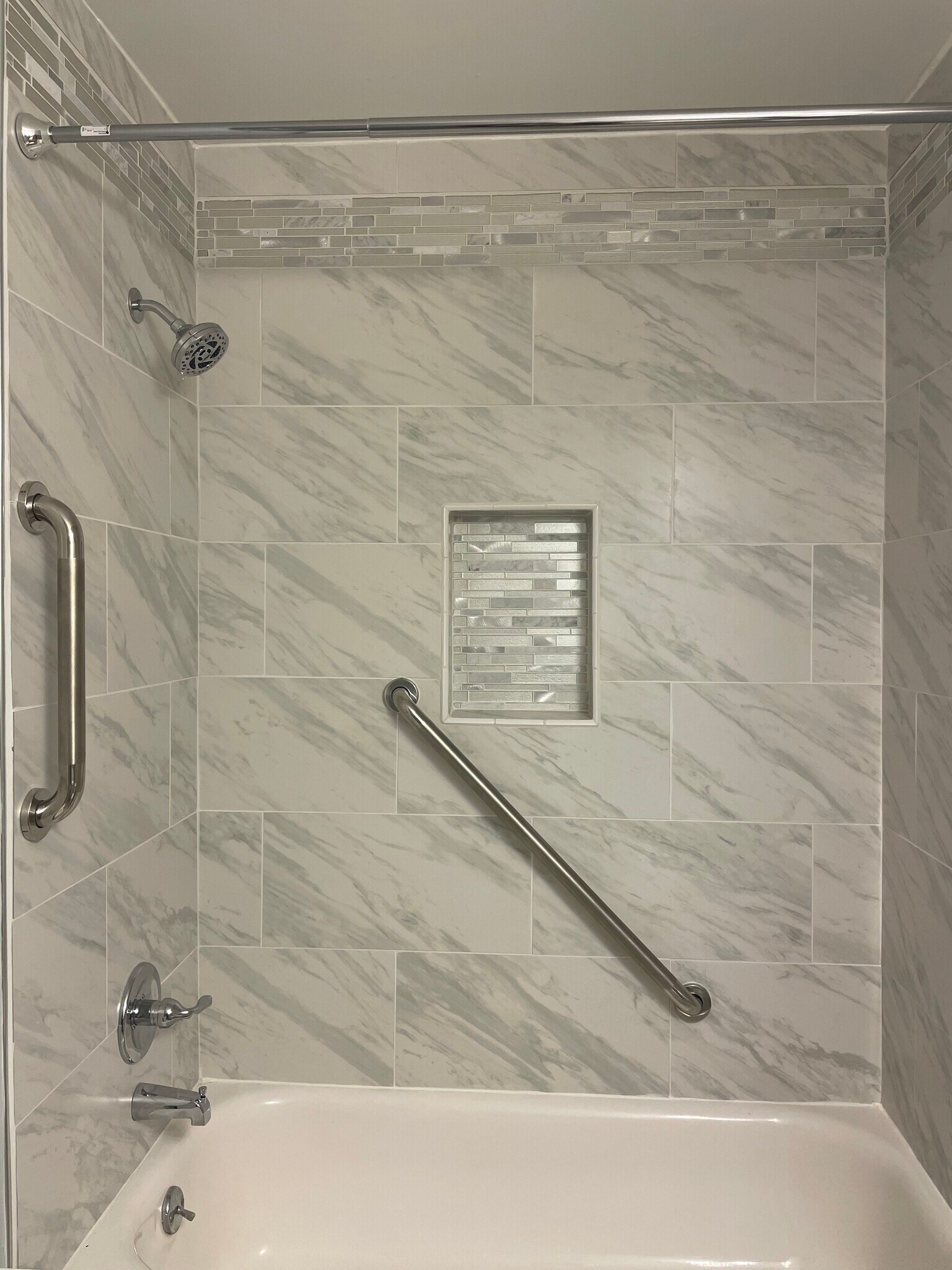 New bathroom upscale tile with grab bars - 1804 Colonial Village Way
