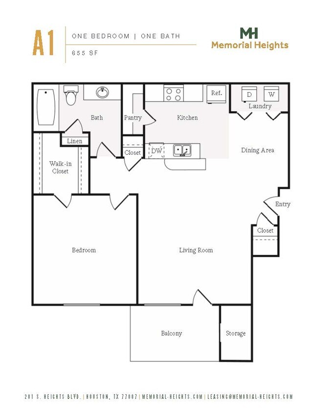 A1 Floorplan, One Bedroom One Bath - Memorial Heights at Washington