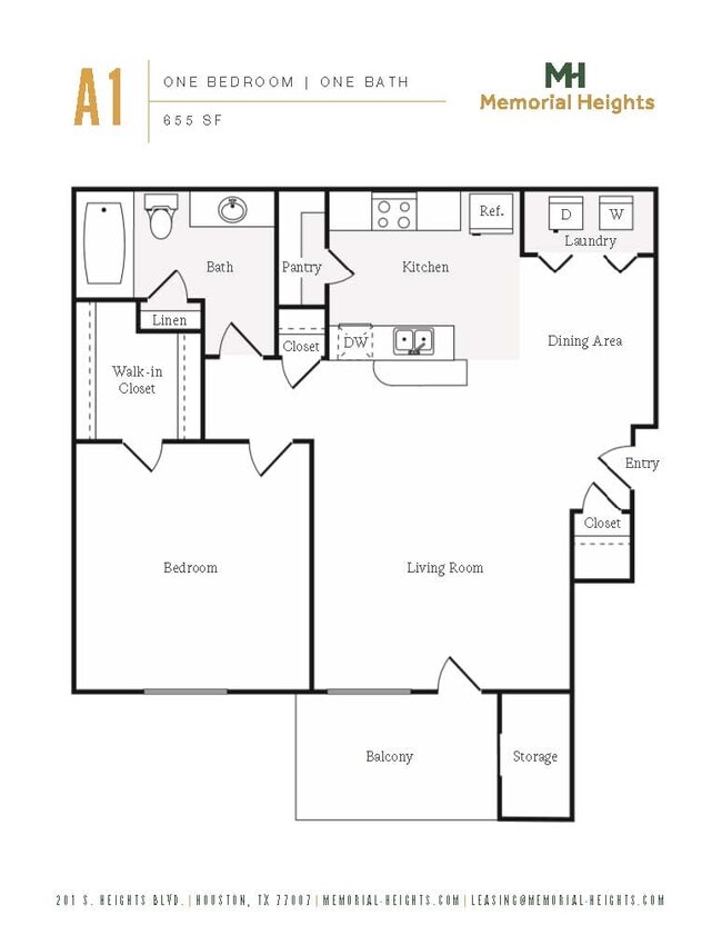 A1 Floorplan, One Bedroom One Bath - Memorial Heights