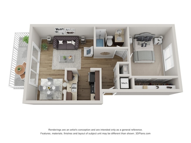 1 Bed 1 Bath Floor Plan - Mirela North