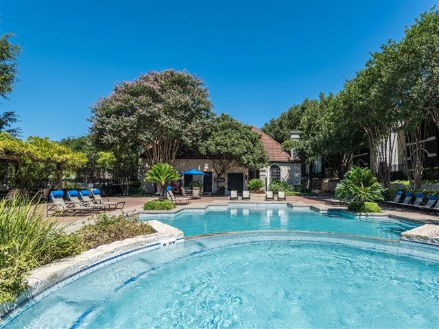 Pool surrounded by lush landscape and poolside seating - Colonnade