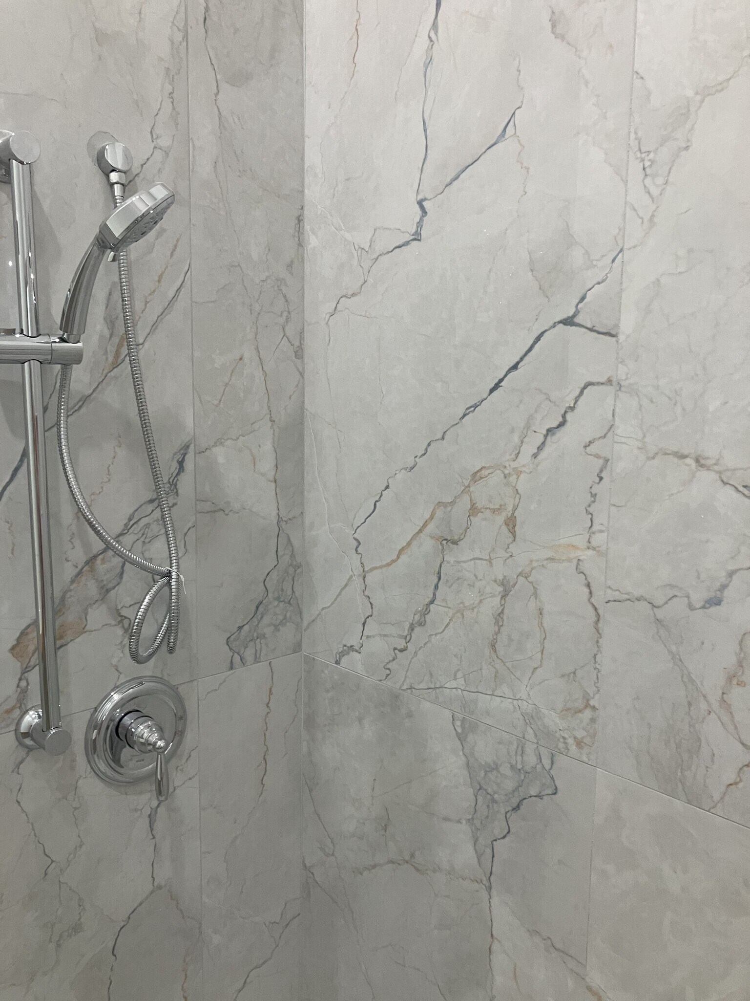 New tile bathroom with blue and gold accented tile shower - 2039 Valence St