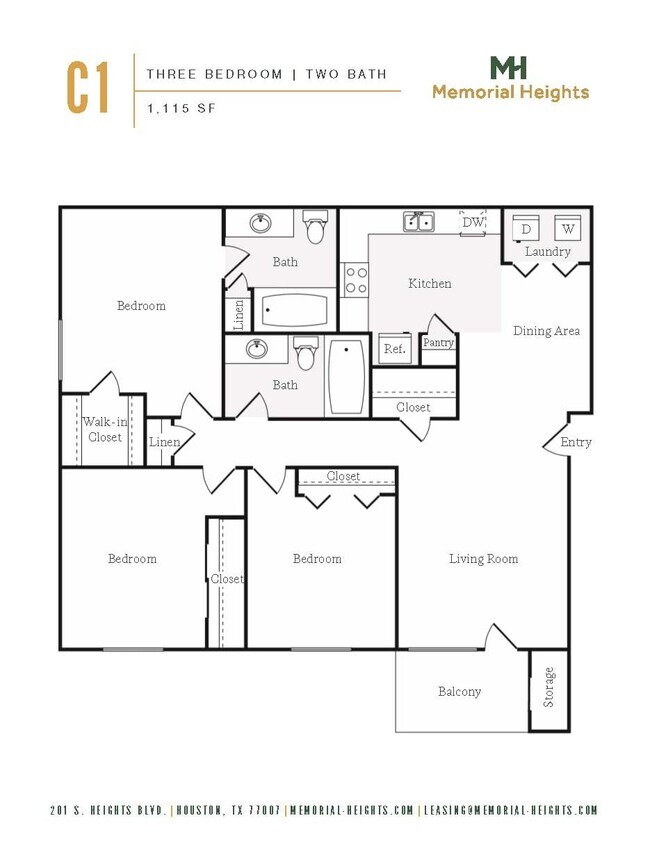 C1 Floorplan, Three Bedrooms, Two Baths - Memorial Heights at Washington