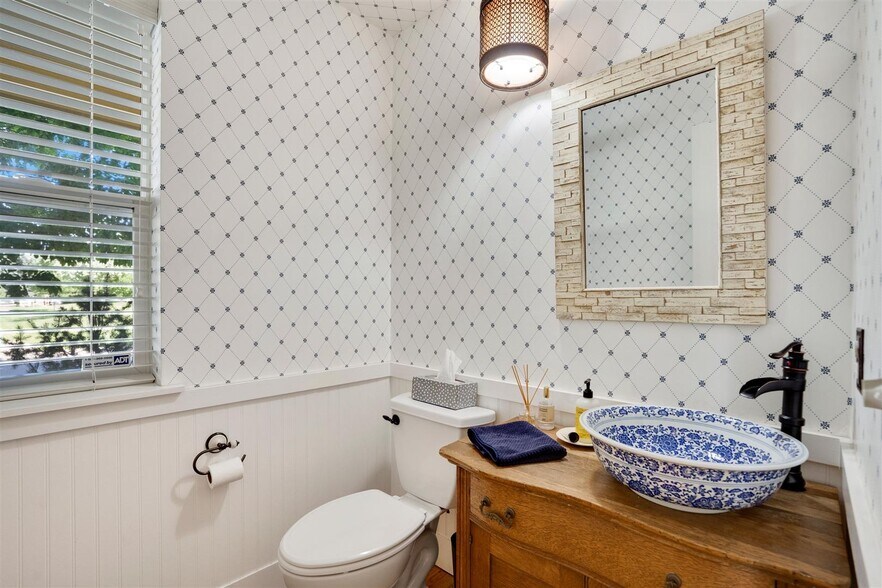 Powder room with custom treatments and vessel sink - 4144 Lost Canyon Drive