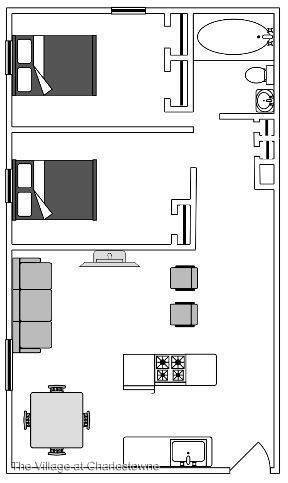 Two Bed, One Bath 848 Square Feet - Courtyards