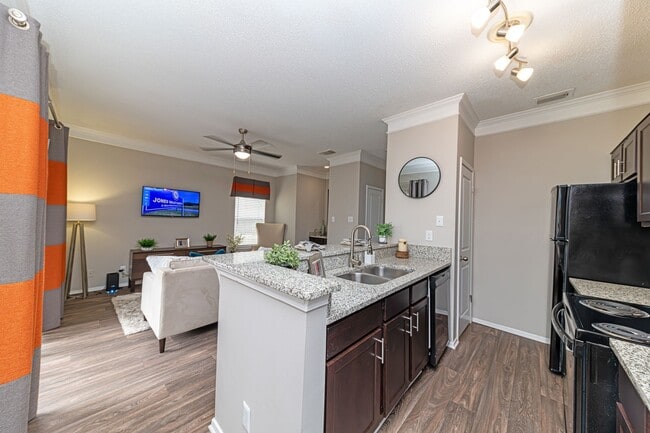 Kitchen with granite counters and modern cabinetry - The Indigo at Grissom