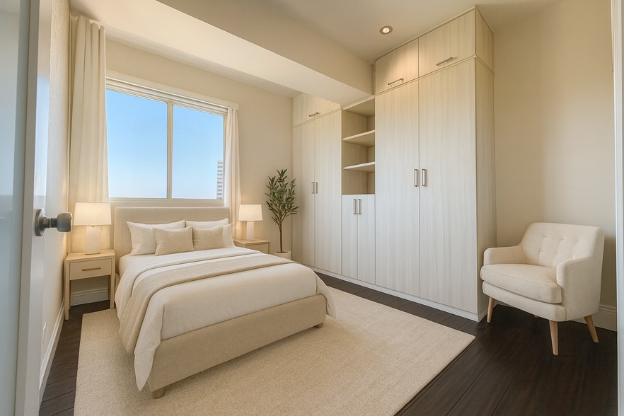 Bedroom shown in two staged styles - 10501 Wilshire Blvd