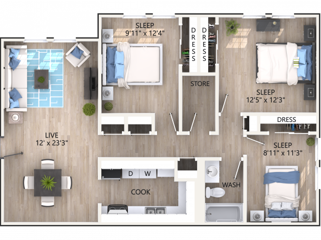 3x1 Cozy Family Floorplan - Forest Vale Apartments