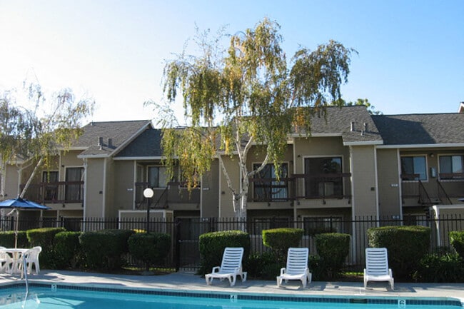 The pool area also includes a barbecue grill - Riverstone Apartments