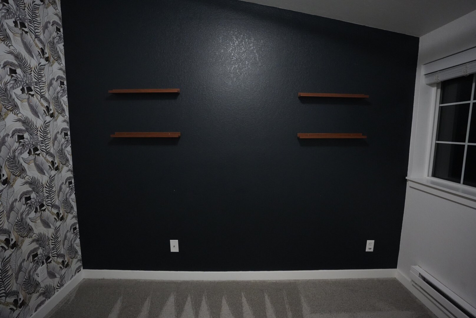 White walls with black accent and shelves, and wall paper - 23410 18th Ave S