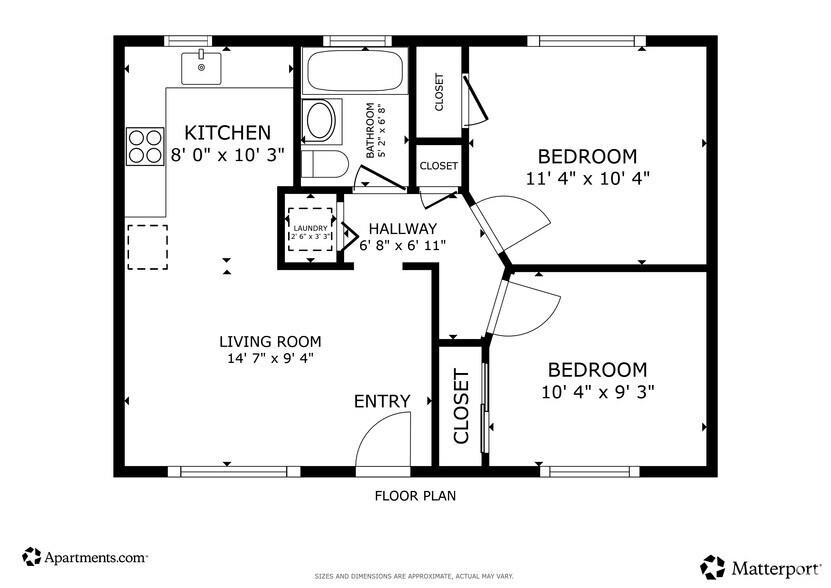 2BR, 1BA, 585SF - Floor Plan - Veridian Apartments