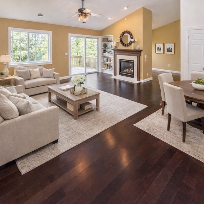Open living room and dining room with vaulted ceiling. Cozy fireplace and wood floors. - 1102 Bergmann Dr
