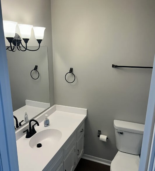 Hallway full bath with new counter top, faucet, toilet, light fixture, mirror, and towel bars - 2751 Hart Rd