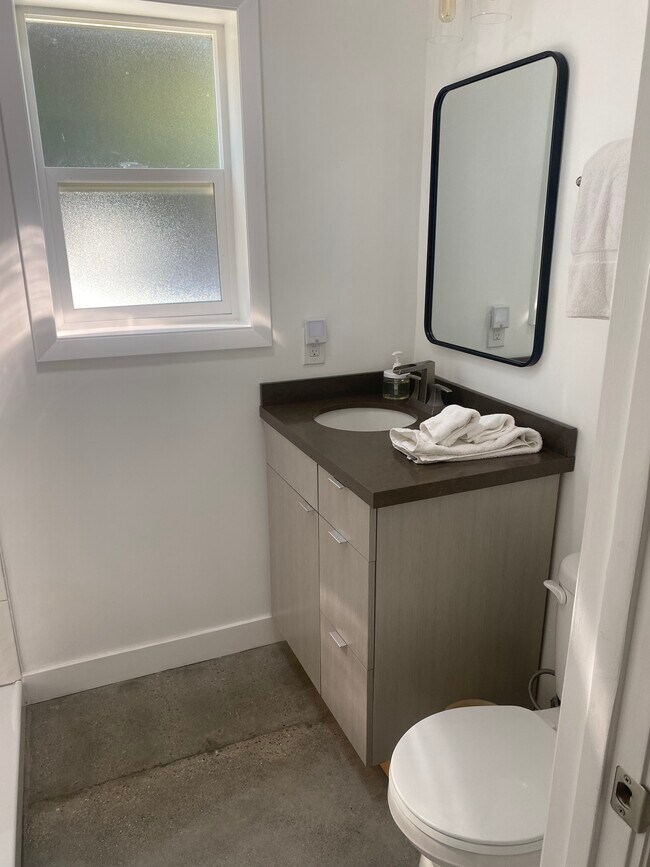 Sunny bathroom with storage and skylight - 1037 Keniston Ave