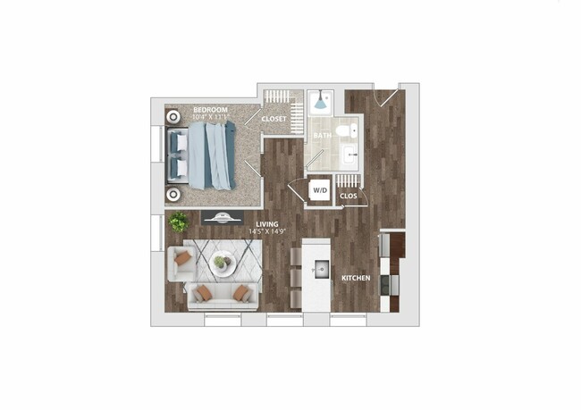 Explore this stylish one-bedroom layout featuring an open living area, elegant kitchen, and ample closet space. - The Harriet Apartments