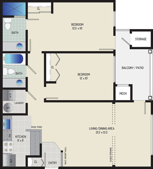 2 BR/ 2 BA (Style E2) | 950 sq. ft. - Seneca Club Apartments