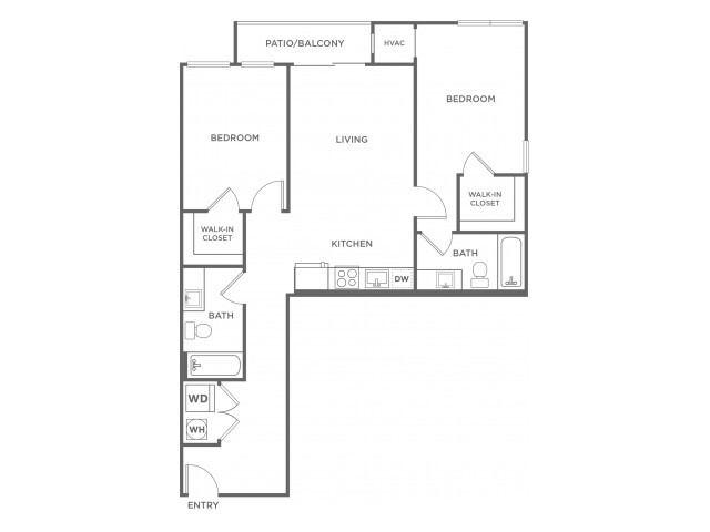 Two Bedroom Two Bath (973 SF) - The Aspen