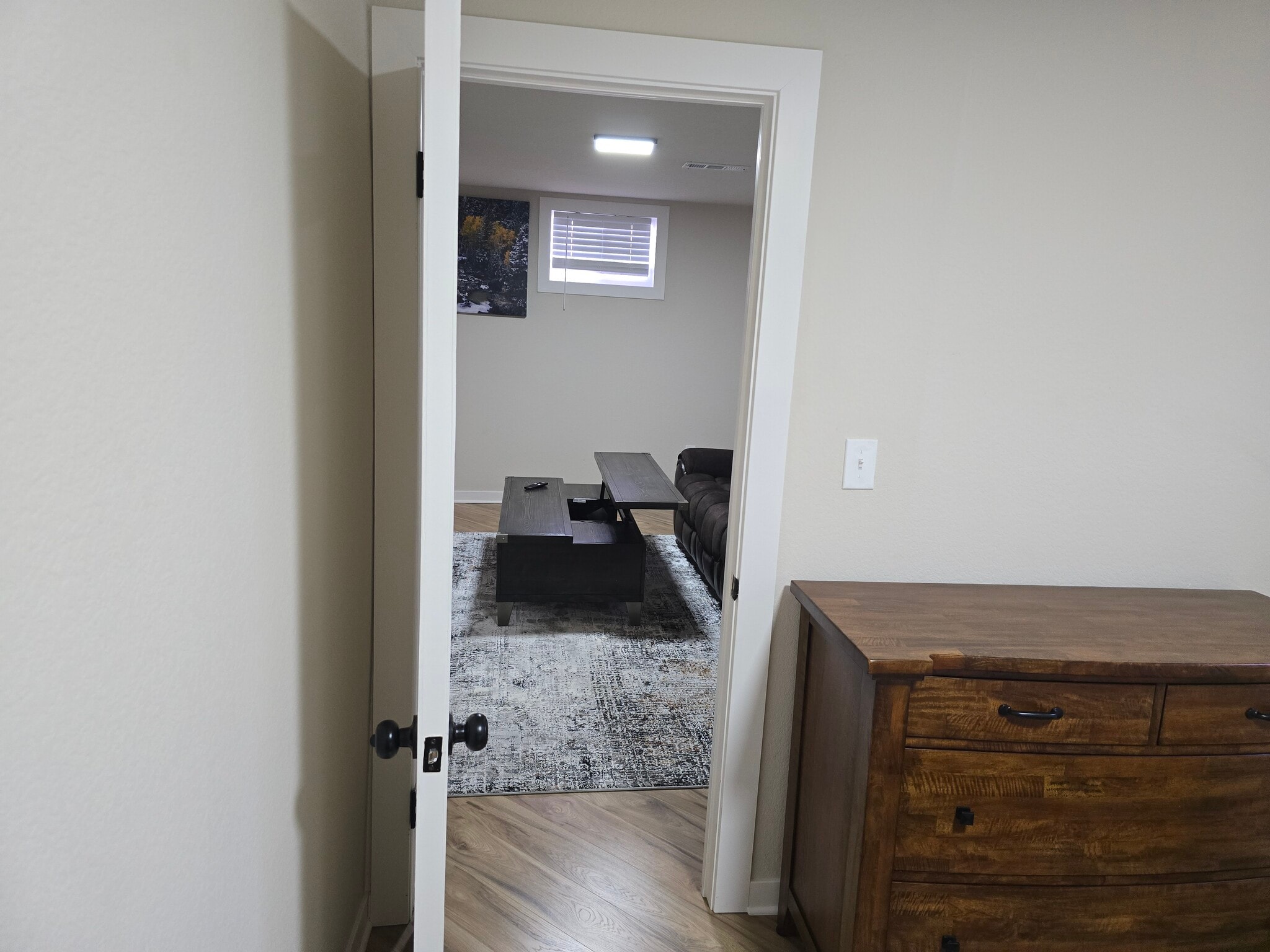 Downstairs bedroom looking into the downstairs living room. - 902 S Zephyr Ct