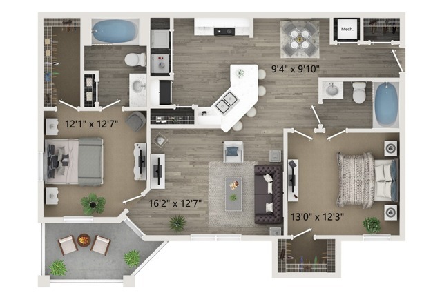 Two Bedroom Two Bath Floor Plan - Halston World Gateway Apartment Homes